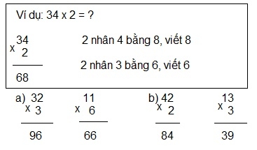 Giải câu 2 nhân số có hai chữ số với số có một chữ số ( không nhớ)